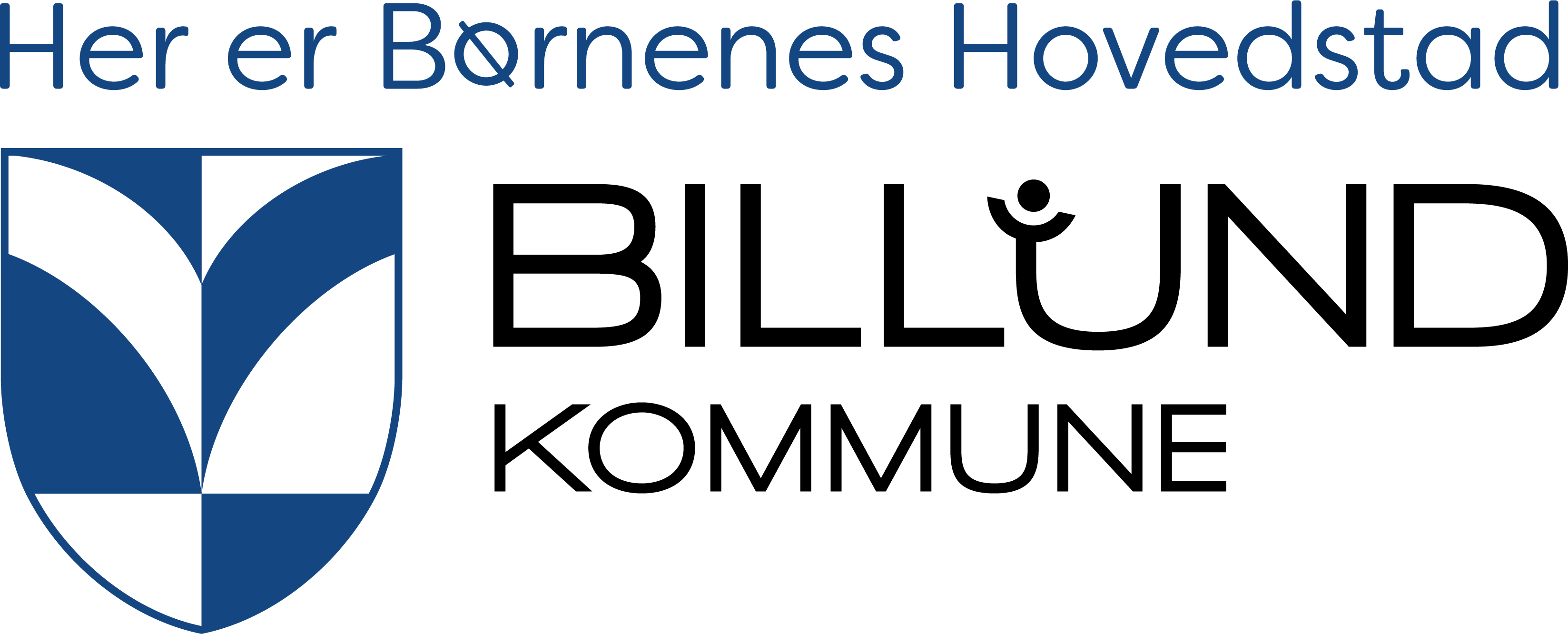 Billund Kommunes logo indeholdende blå-hvidt våbenskjold og information om, at kommunen er hjemstad for Børnenes Hovedstad, Billund
